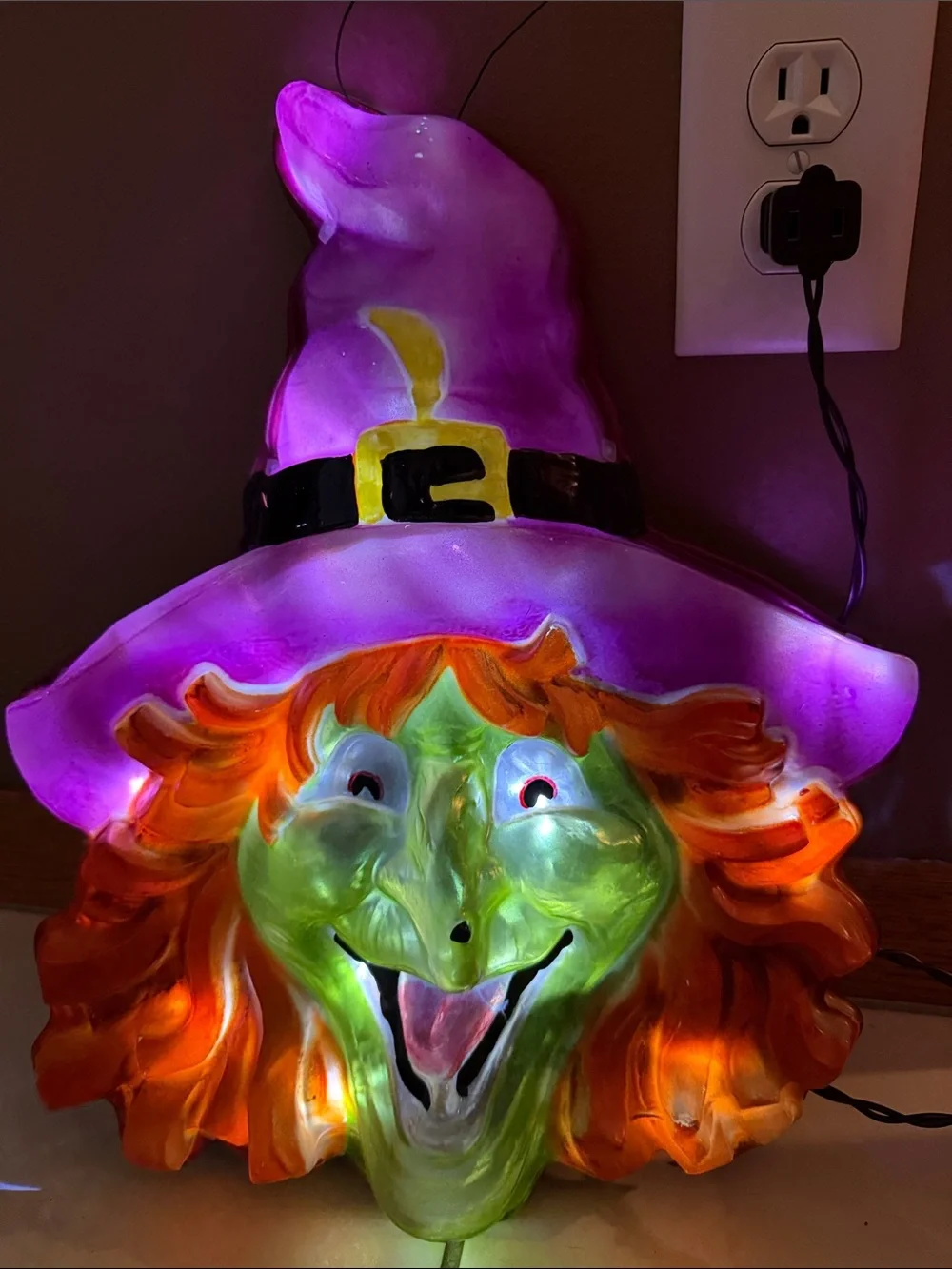 Vintage Halloween Witch Face Light - Purple Hat, Green Face, Orange Hair